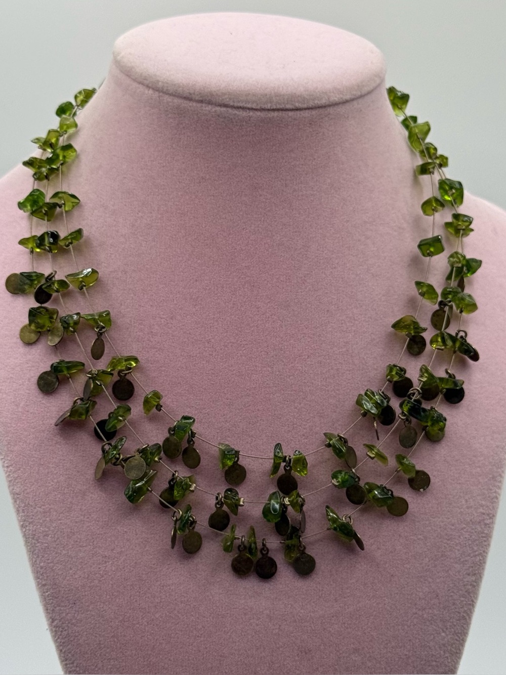 Green Multi-Strand Leaf & Disc Necklace - Women Jewelry